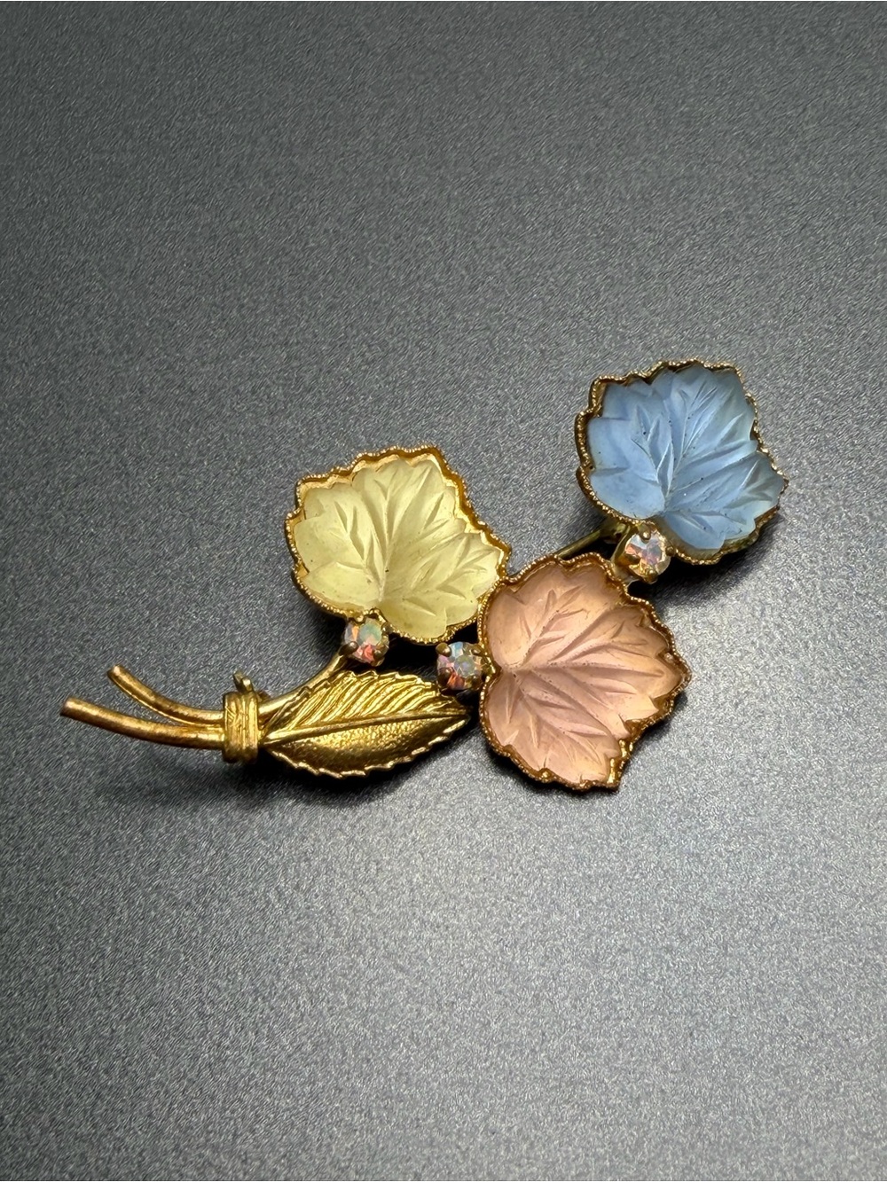 Vintage  Gold Leaf Brooch with Pink, Blue, and Yellow Glass Leaves #cz191